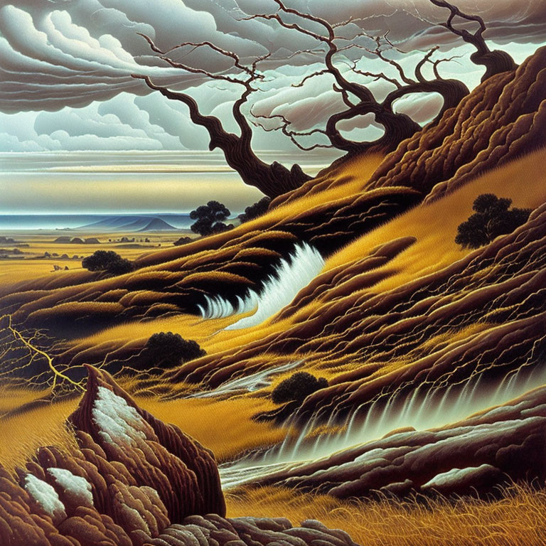 Surreal landscape with golden hills, winding river, barren trees, and textured sky