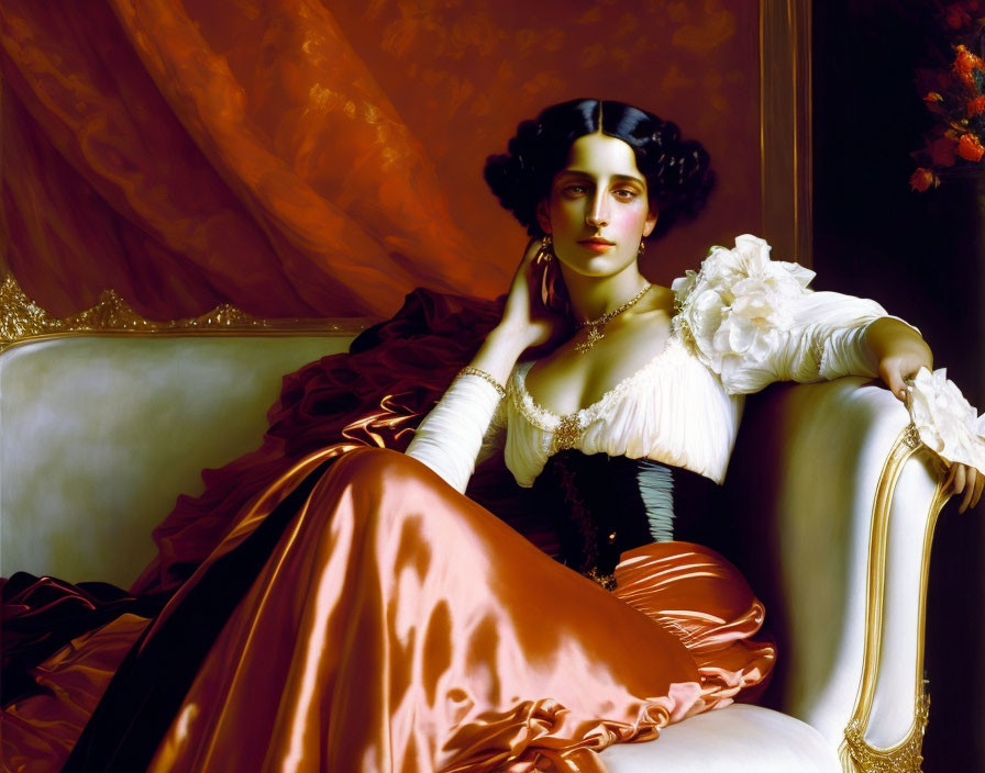 Elegant woman reclining on white chaise lounge with red drapery, wearing white dress.