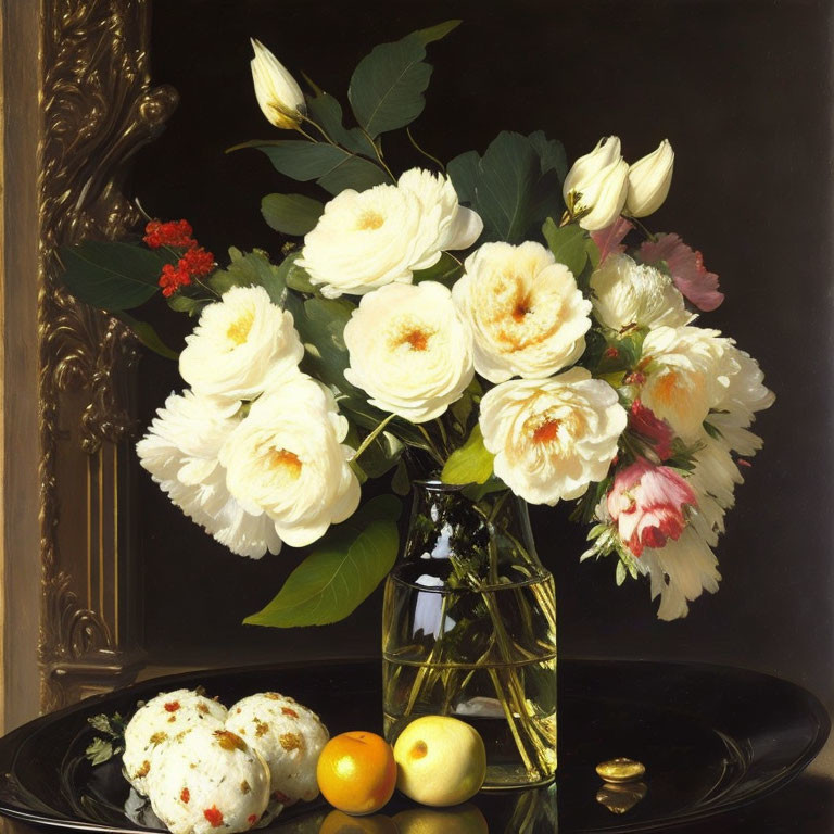 Lush bouquet of white and pink flowers with fruits and candies on reflective table