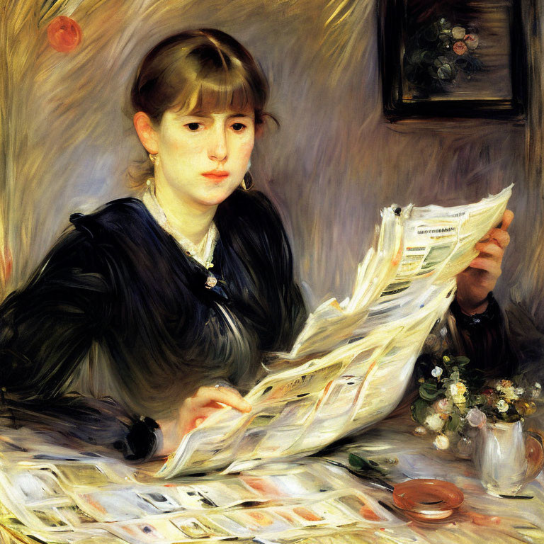 Young woman reading newspaper at table with flowers and ashtray