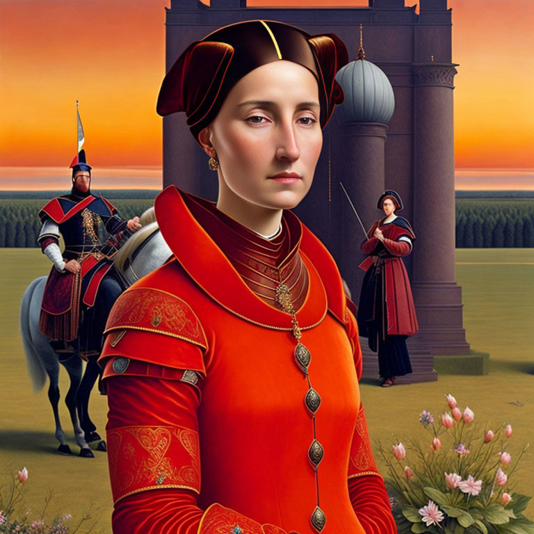 Historical woman in red dress with guards in armor against castle backdrop