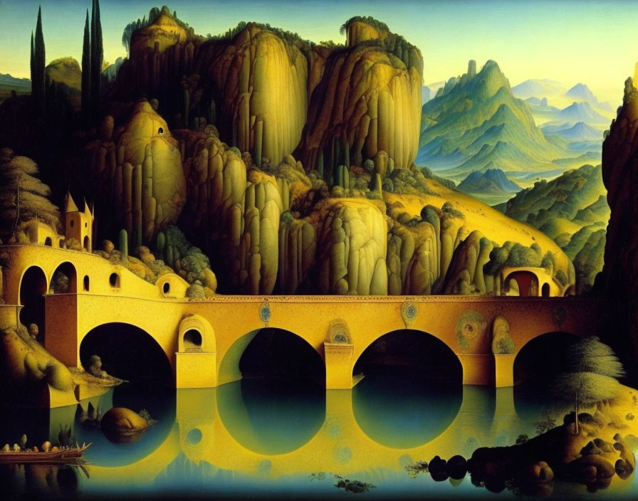 Surreal landscape featuring arched bridge, rocky formations, castle-like structure, and twilight mountains.