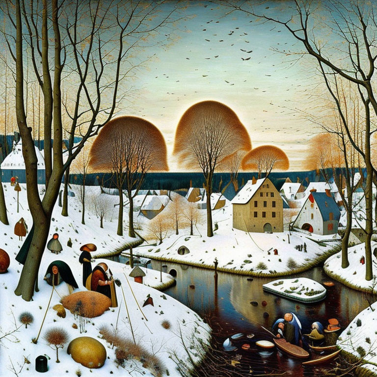 Surreal winter landscape painting with unique trees, skating people, and oversized fruits.