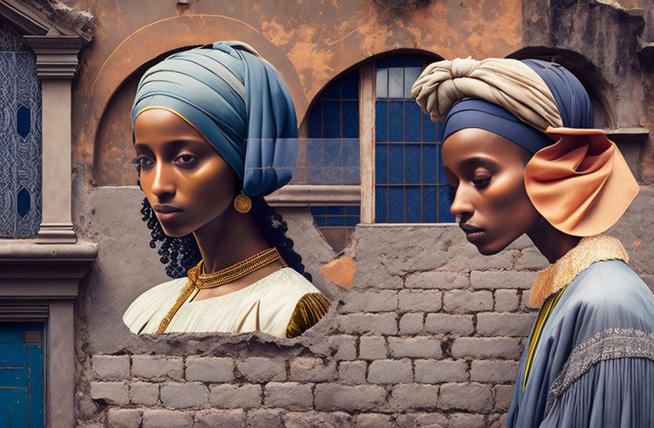 Two women in elegant headwraps and traditional jewelry against rustic walls.