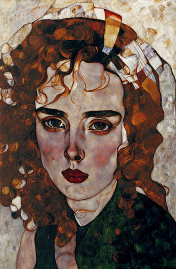 Portrait of Woman with Curly Auburn Hair on Golden Background