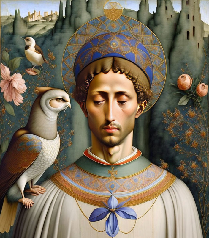 Surreal portrait of man with halo in ornate clothing with falcon, flora, and castle