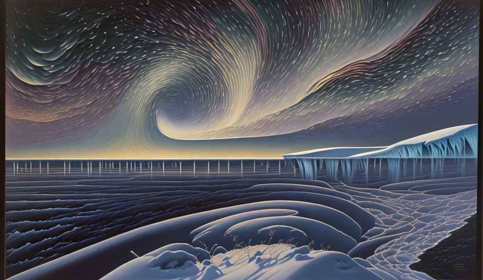 Surreal painting of swirling night sky over snow-covered landscape