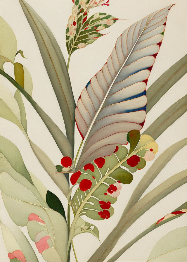 Tropical Plants and Red Berries in Vibrant Illustration