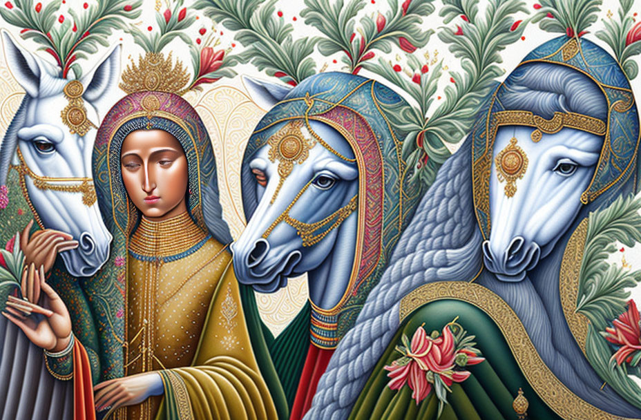 Stylized painting of serene woman with ornately decorated horses