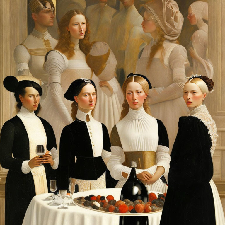 Historical painting of five women in white blouses and black dresses beside a table with fruits and wine