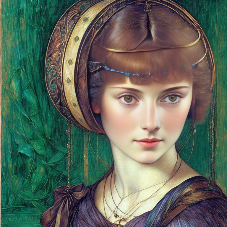 Detailed digital painting: young woman with medieval headpiece on green background.