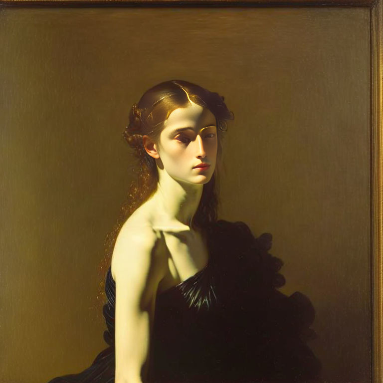 Classic Portrait of Woman in Black Dress on Dark Background