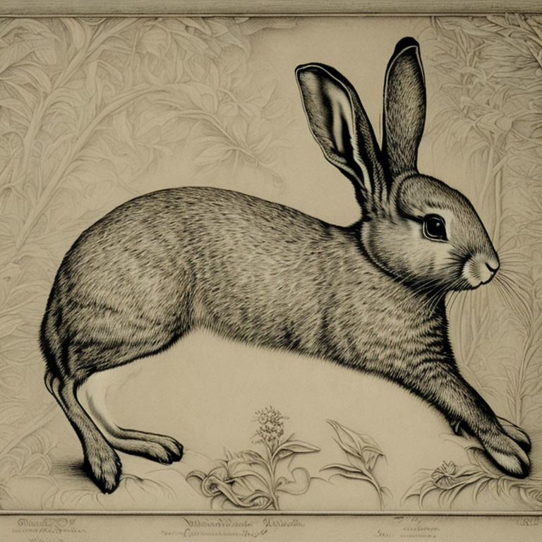 Detailed vintage-style rabbit illustration with fur texture and botanical backdrop.