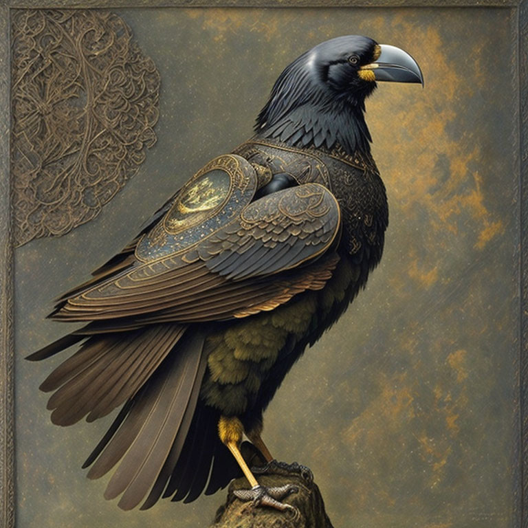 Detailed painting of armored raven on vintage background.