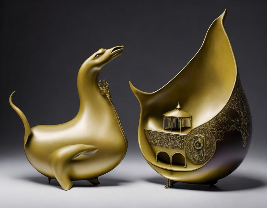 Golden surreal seal and tear-shaped house sculpture details