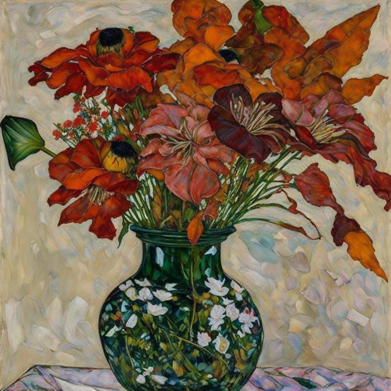 Colorful floral painting in green vase with white patterns on textured background