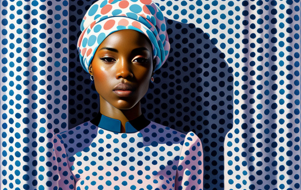 Woman in patterned headwrap against polka-dotted backdrop with sunlight shadows