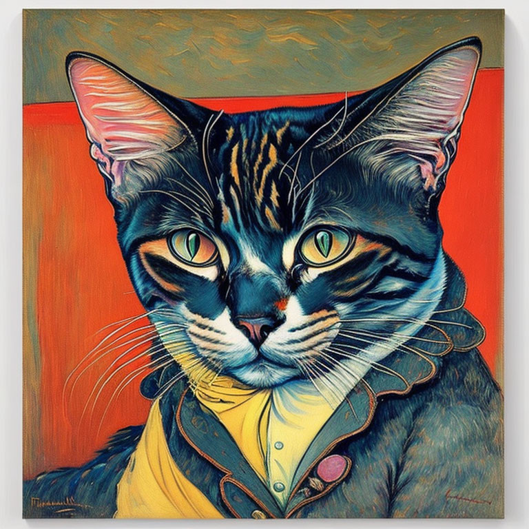 Vivid Cat Portrait in Human-Like Clothing on Red Background