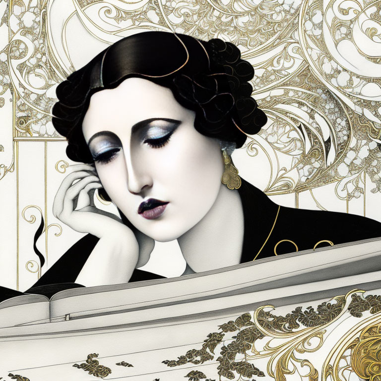 Art Nouveau Woman Illustration with Dark Hair and Pale Skin