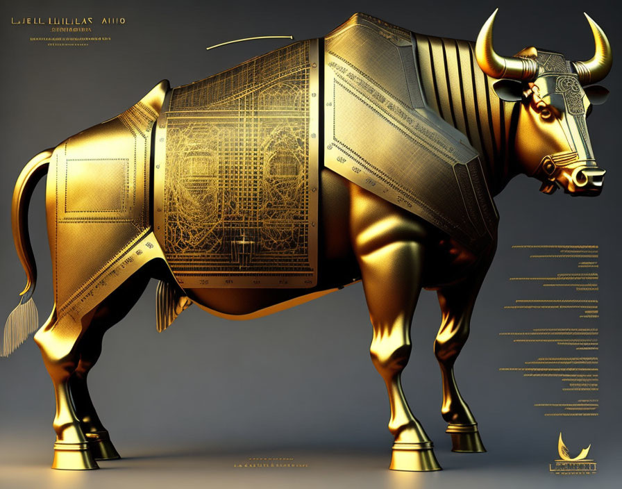 Intricate metallic golden bull sculpture with circuit-like designs