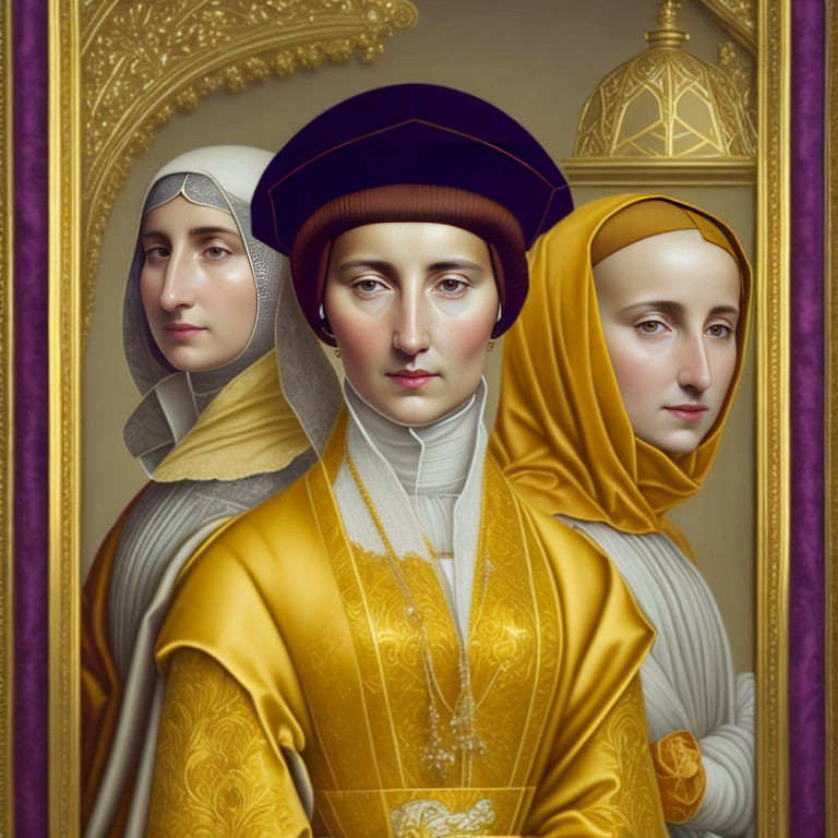 Digital triptych artwork: Three women in traditional headdresses, gold and cream color scheme