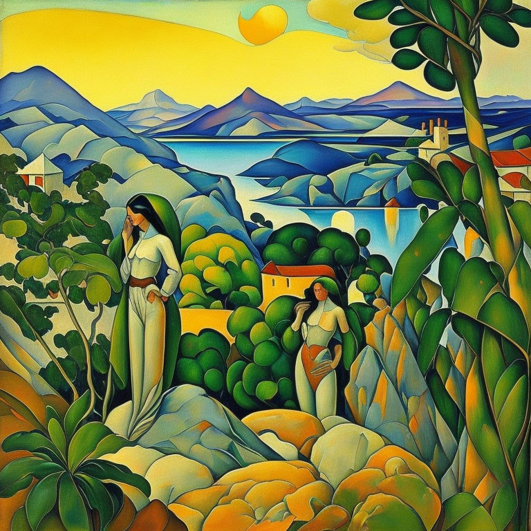 Vibrant painting of two women in white dresses in lush landscape