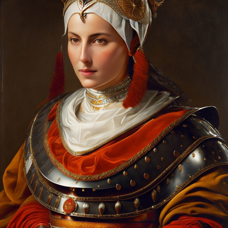 Portrait of Woman in Historical Armor with White Turban and Feathered Headdress