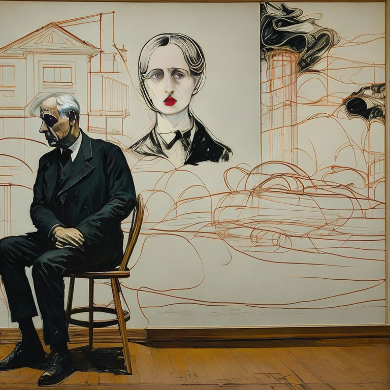 Man sitting in front of artistic mural with house and woman's face.