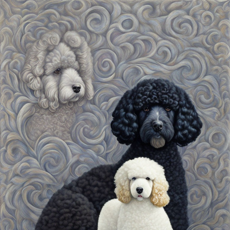 Three curly-furred poodles on grey background