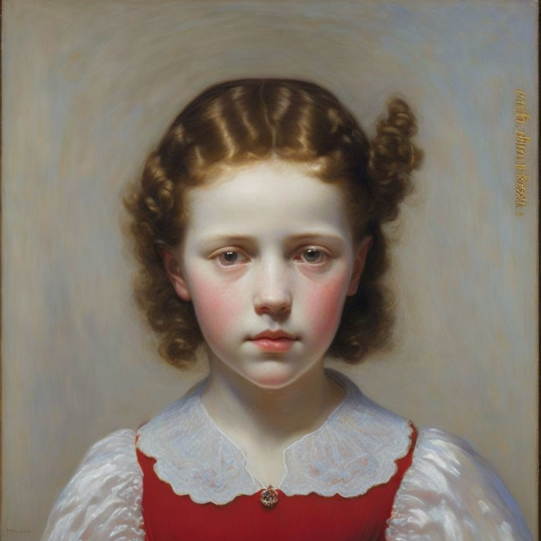 Young girl with auburn hair in white dress and red vest portrait