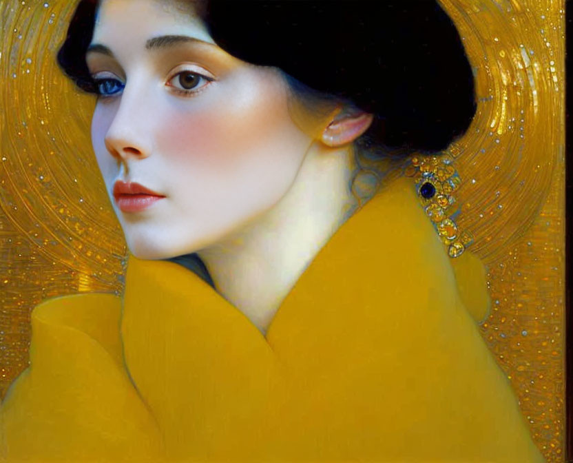 Stylized portrait of woman with pale skin and dark hair on golden background in yellow garment with blue