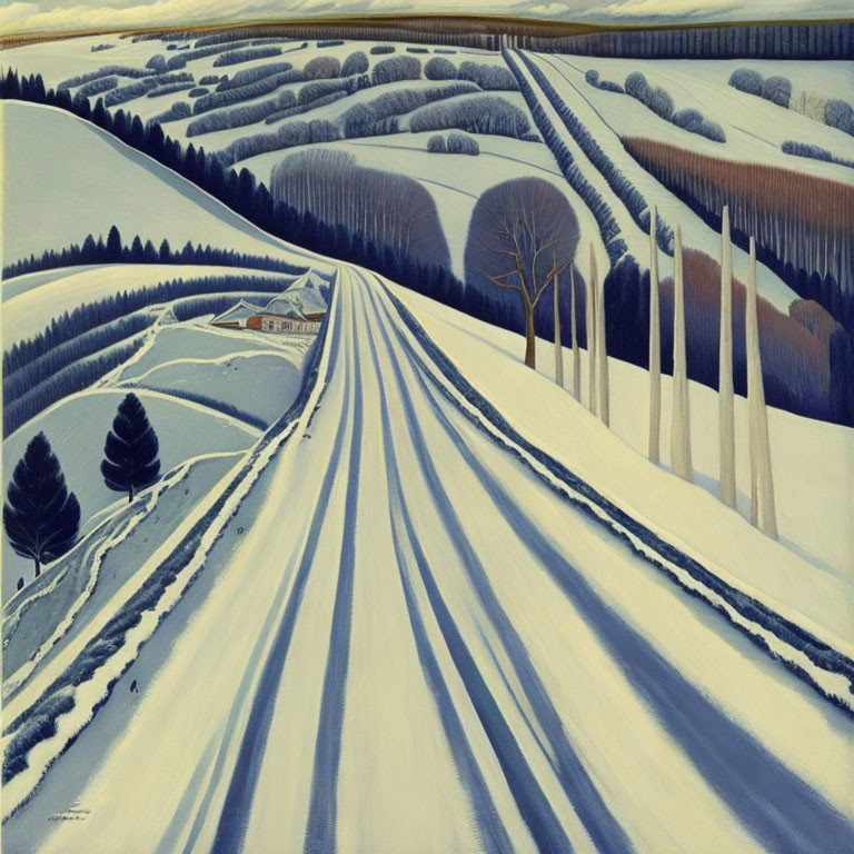 Snowy landscape painting with rolling hills, trees, winding road, and distant building