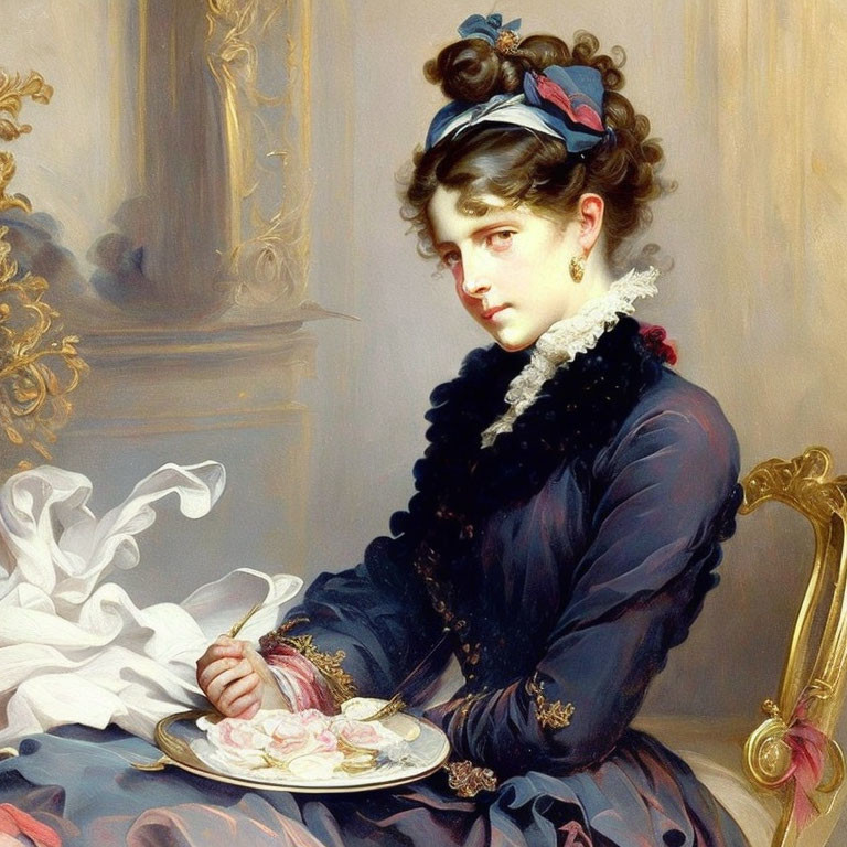 Portrait of Young Woman Needleworking in Dark Dress