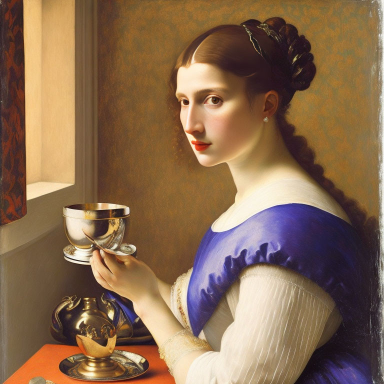 Woman in blue dress with chalice and pitcher in classical painting style