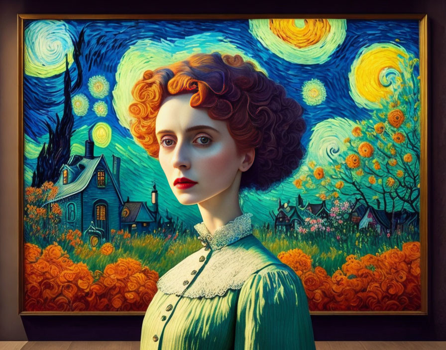 Portrait of Woman with Red Curly Hair in Van Gogh-inspired Setting