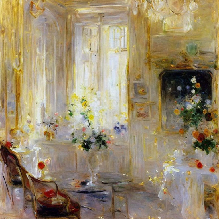 Sunlit Room with French Doors and Flowers Painting in Impressionist Style