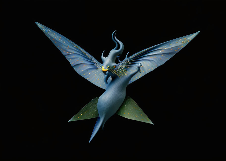 Blue bird-like winged creature with multiple eyes and tendrils on black background