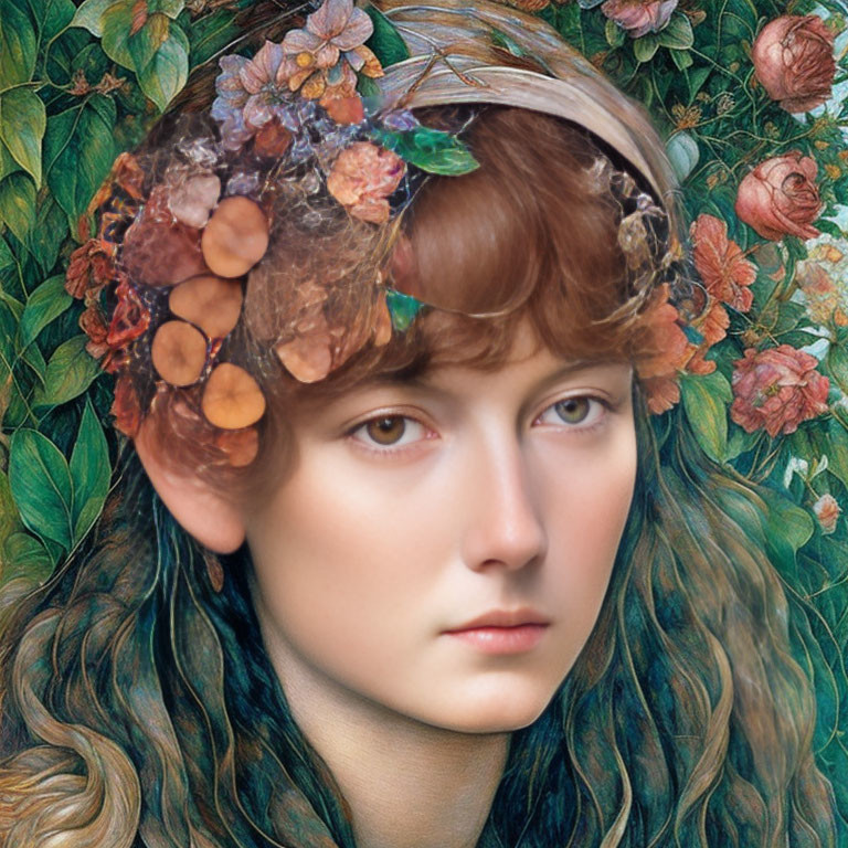 Person with Floral Crown and Botanical Background in Realistic Style