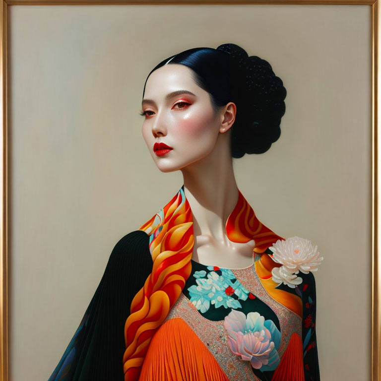 Traditional portrait of woman with pale skin, red lips, and floral garment on wall