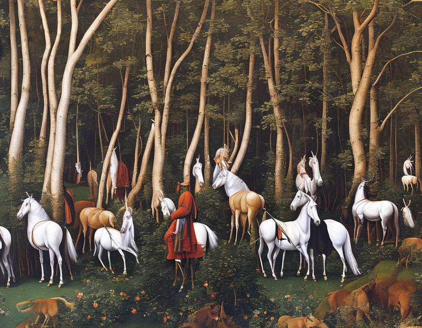 Group of unicorns in forest with animals and people.