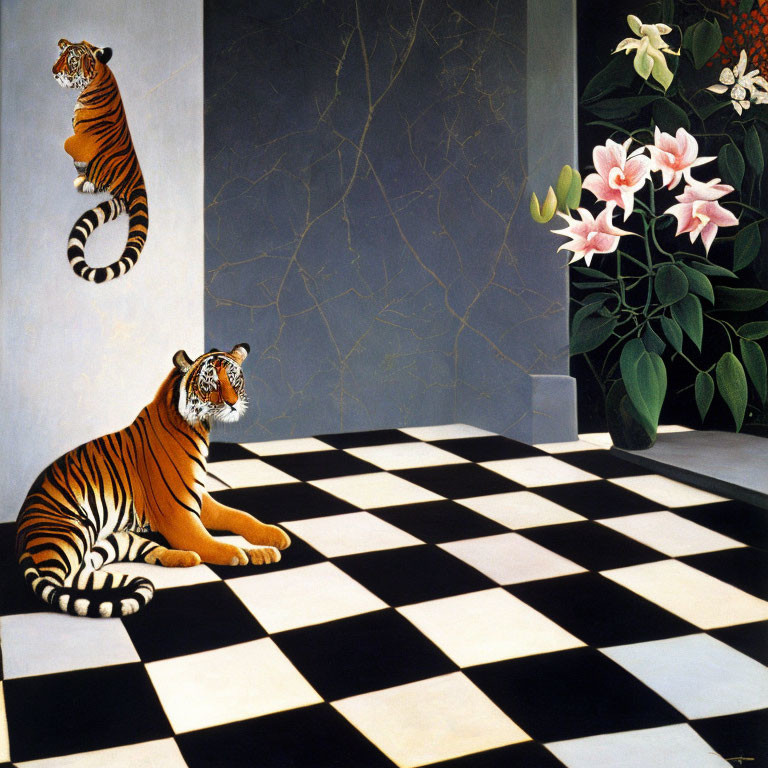 Surreal painting of two tigers in room with checkered flooring