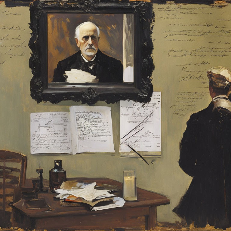 Man standing by desk with portrait and scattered items