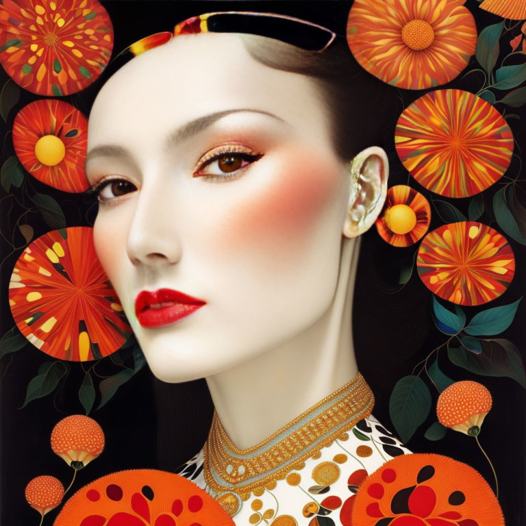 Stylized portrait of woman with striking makeup and floral background