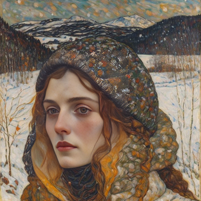 Portrait of a woman with winter landscape hat blending in background