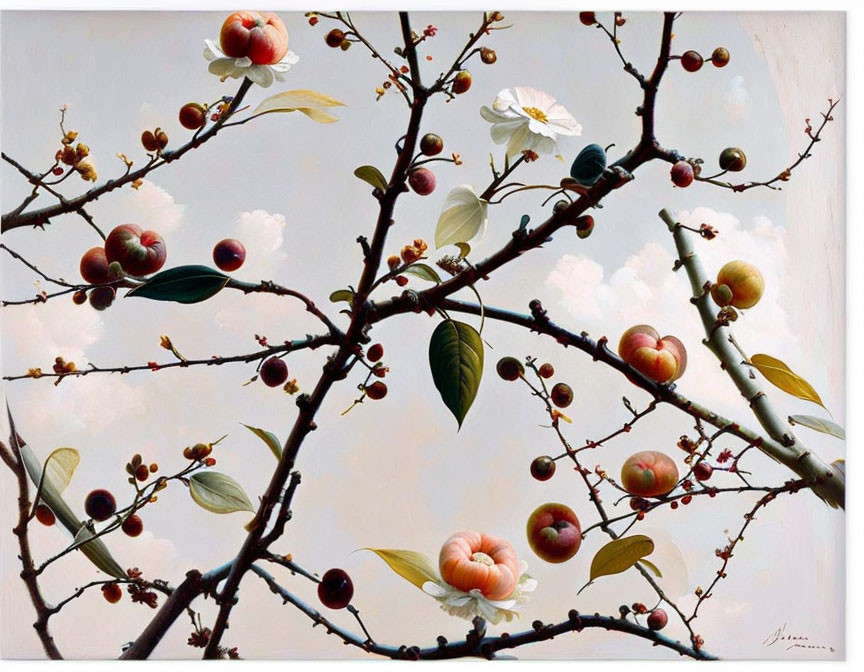 Hyperrealistic Painting of Fruiting Tree with Detailed Branches, Leaves, Blossoms, and