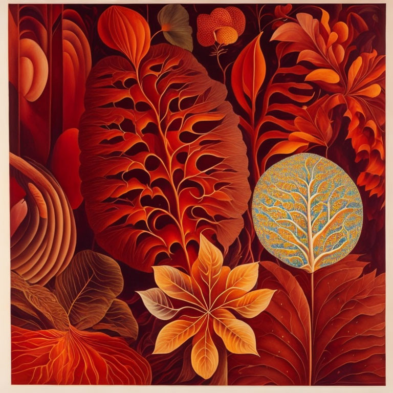 Colorful Botanical Painting with Red, Orange, and Yellow Tones