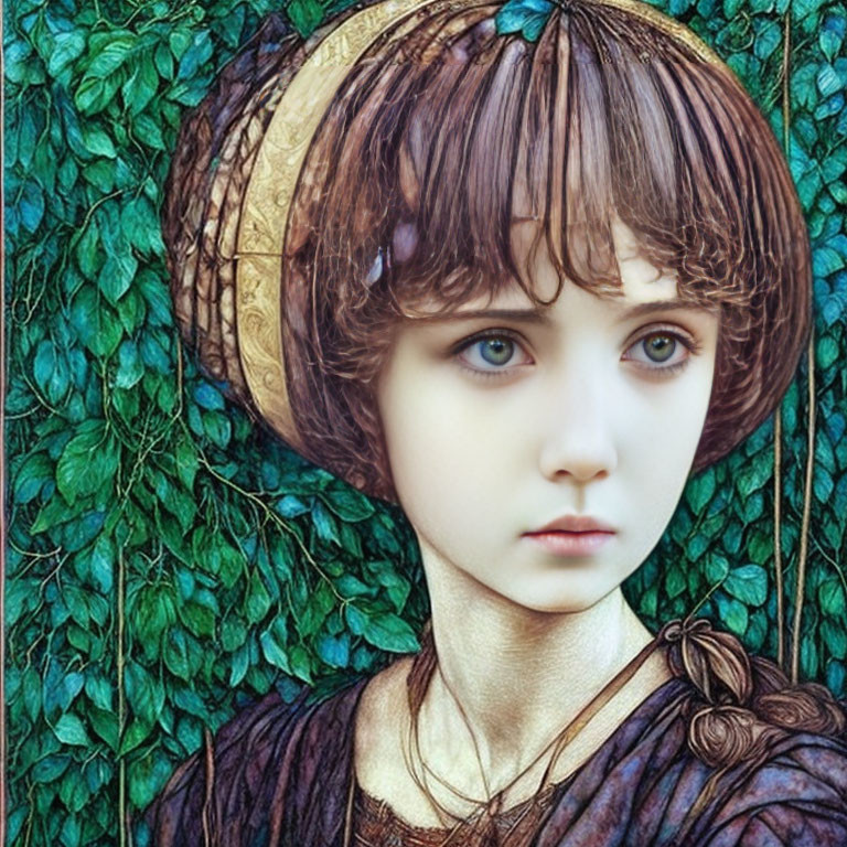 Digital Art Portrait of Young Girl with Blue Eyes and Round Hat in Ivy Backdrop