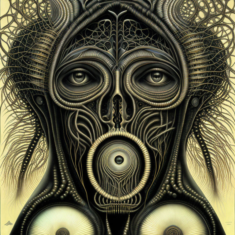 Symmetrical surreal portrait with multiple eyes and organic shapes