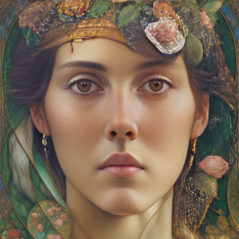 Floral headpiece woman in Art Nouveau style portrait