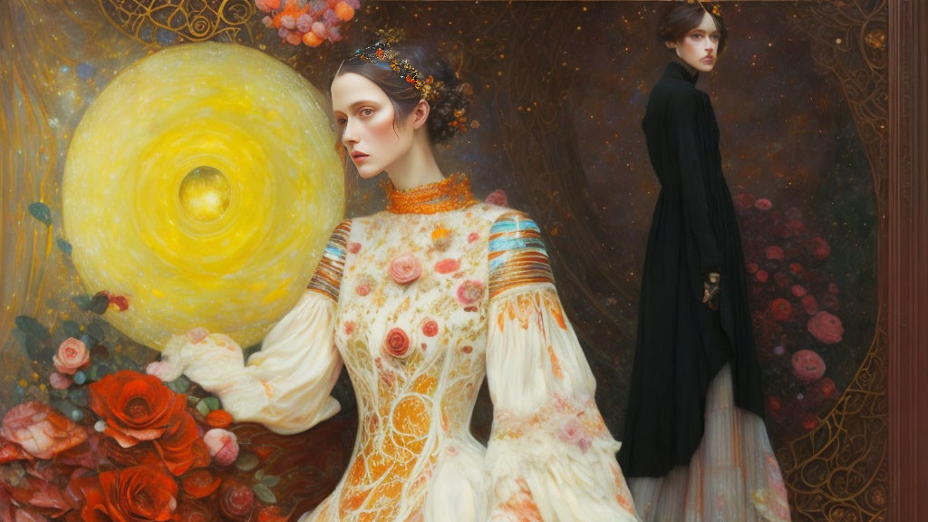 Fantastical painting of two women in elaborate dresses with vibrant flowers and a large yellow orb